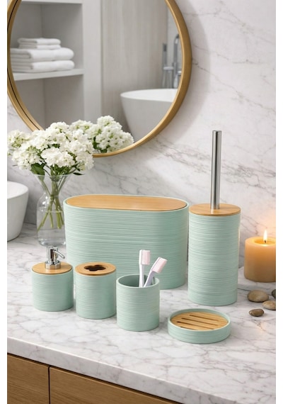 Makri Home 6 Parça Su Yeşili Banyo Seti, Bambu Detaylı, 8l Çöp Kovası 24x26x16 Cm Mint Yeşili