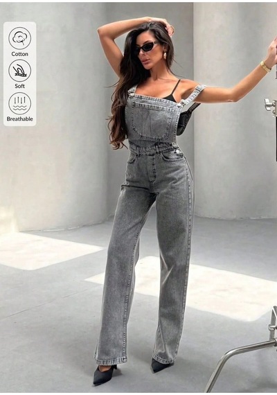 Kene Jeans Bol Paça Kar Siyah Bahçıvan Kot Tulum Kar Siyah