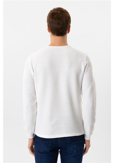 Süvari Beyaz Slim Armürlü Bisiklet Yaka Sweatshirt Beyaz