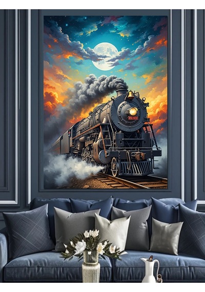 Gece Yolunda İlerleyen Buharlı Tren Dekoratif Kanvas - Mdf Ahşap Tablo