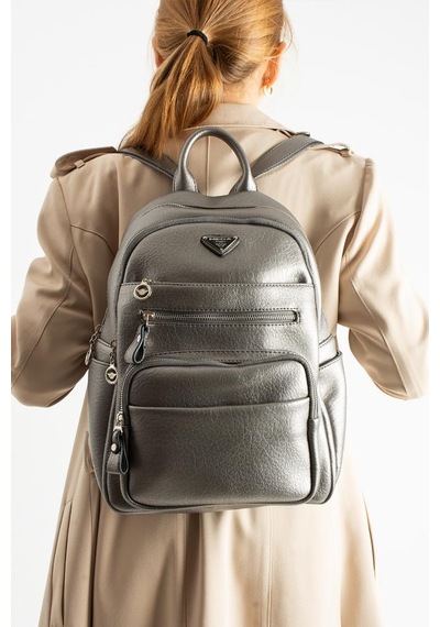 Baginn Vegan Deri Kadın Sırt Çantası 35 25 Cm Yağmur İtici Kumaş Mega Bag Günlük Kullanıma Uygun Gümüş