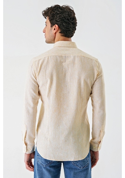 İmza Hardal Uzun Kollu Çizgili Biritli Yaka Pamuklu Likralı Casual Slim Fit Dar Kesim Gömlek 1004240233-hardal Hardal