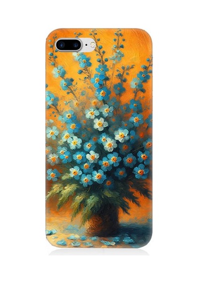 Apple iPhone 7 Plus Uyumlu Turuncuda Mavi Çiçekler Desenli Silikon Kılıf Çok Renkli