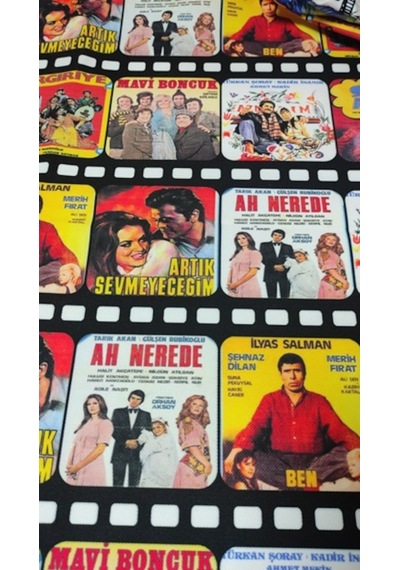 Film Şeritli Yeşilçam Filmleri Desenli Dijital Baskılı Kumaş