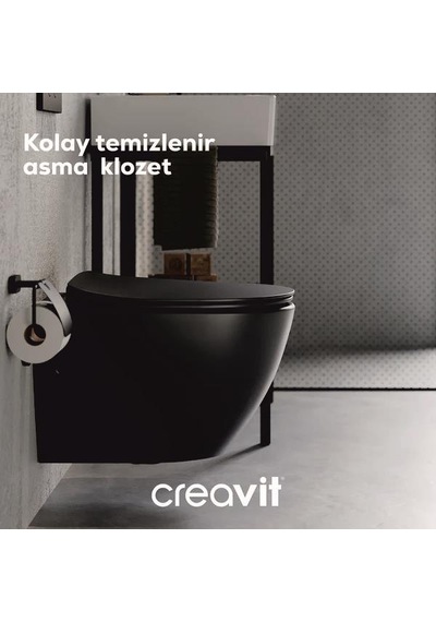 Creavit Free Asma Klozet Fe320.sm Mat Siyah + Duck Yavaş Kapanan Kapak Mat Siyah 2'li Set Siyah