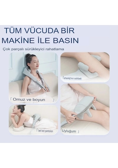 Şarjlı Yeni Nesil 8d Boyun Sırt Omuz Yoğurma Asmalı Masaj Yastığı Akupunktur Masajı Beyaz - Gri
