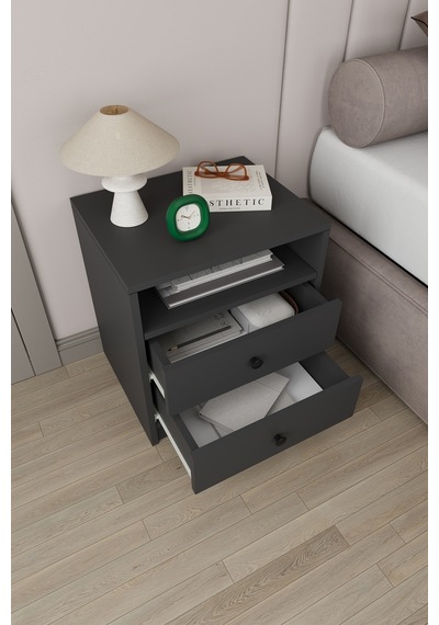 Modern 2 Çekmeceli Komodin Şifonyer %100 Mdf Çok Amaçlı Organizer Kmd04 Antrasit