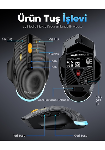 Mkespn W601w Tri Mode Rgb Gaming Mouse 12800 Dpı 7 Tuş Makro 1000hz Beyaz Diğer