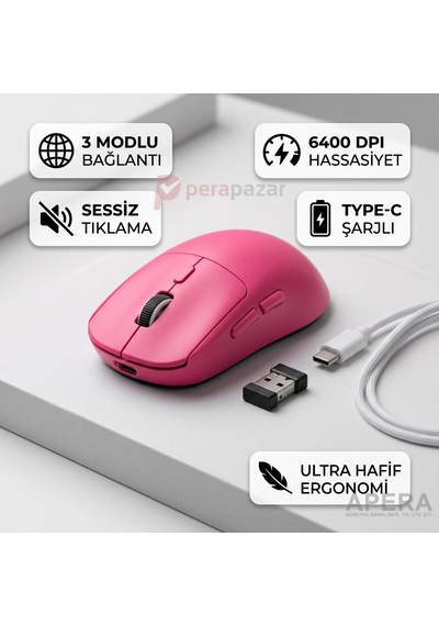 Kablosuz Bluetooth Ve Usb Alıcılı Gaming Mouse Sessiz Tık Type-c Şarjlı 6400 Dpı 3 Modlu Bilgisayar Laptop Oyuncu Faresi Cn10 Pembe
