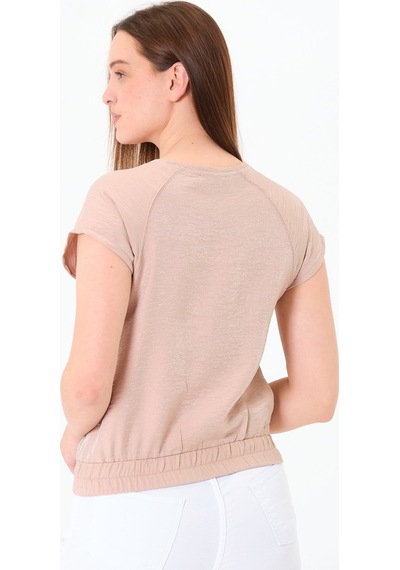Sortie Collection Reglan Kollu Yazı Baskılı Beli Lastikli Bluz Bej