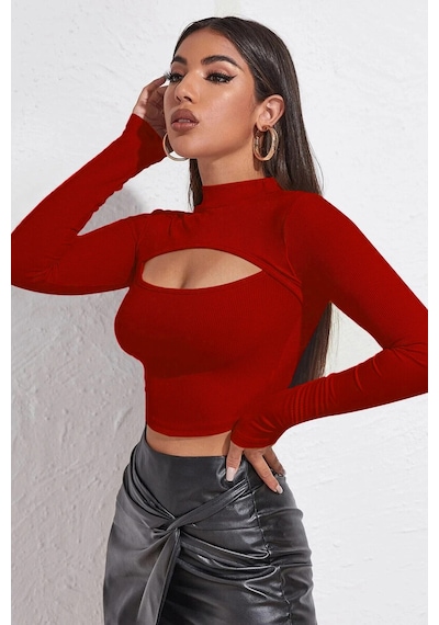 Kadın Kırmızı Göğüs Dekolteli Uzun Kollu Cut Out Crop Top Bluz