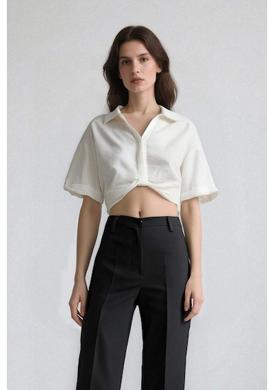 Defacto Cropped Fit Gömlek Yaka Keten Görünümlü Kısa Kollu Bluz C7799ax25spwt32 Beyaz