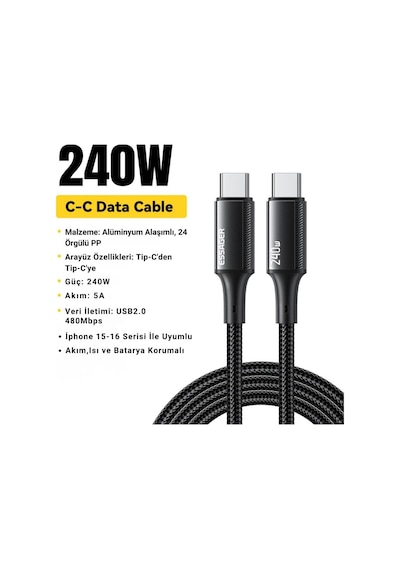 Essager E-marker Çip 2mt Pd3.1 240w Type C Şarj Kablosu 480mbps Şarj Akım Koruma Kopmaz Kablo 48v/5a Desen - Ben10