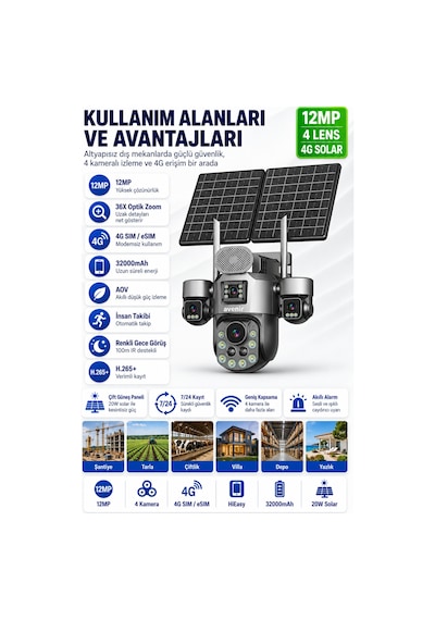 Tk-s1447 12mp 4 Kameralı 36x Optik Zoom 4g Esım Solar Ptz Kamera 32000mah Batarya 20w Panel