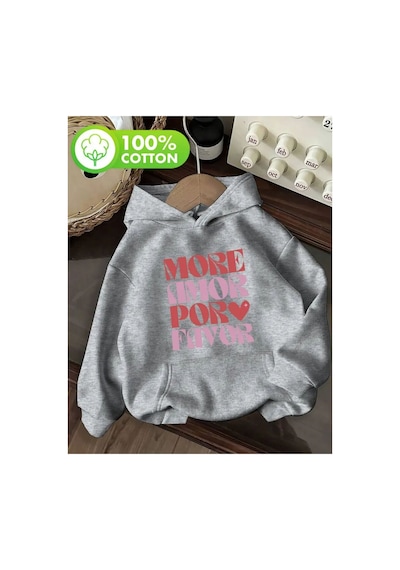 Herkesemoda More Amor Baskı Detaylı İçi Polarlı Kapüşonlu Sweatshirt Gri