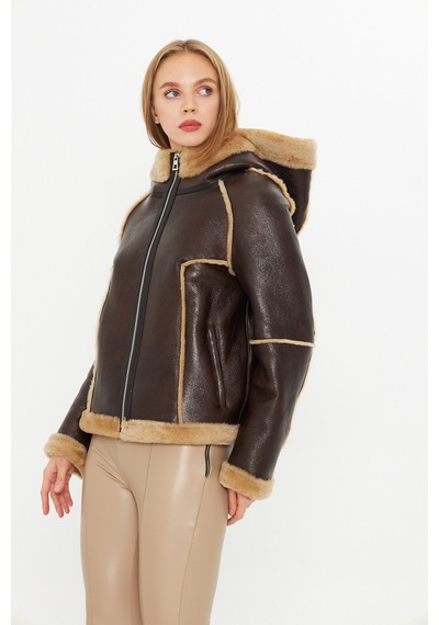 M M Marki Marki Hakiki Deri Kapüşonlu Oversize Kadın Mont - İçi Kürklü - Kahverengi 65 Cm - 115522