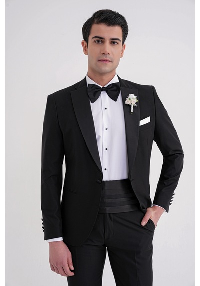 Slim Fit Fleto Cep Çıkarılabilir Saten Yaka Düz Siyah Damatlık Smokin Takım Altro 032 Siyah