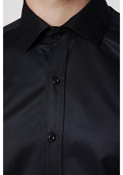 Tudors Modern Slim Fit Düz Saten Pamuklu Erkek Lacivert Gömlek-27777-siyah Siyah