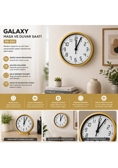 Galaxy Ms-500-a-g-k Masa Ve Duvar Saati - Gold, Gri Ve Siyah, Sessiz Akar, Pilli, 17 Cm Diğer