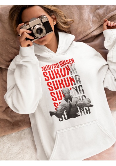 Sevbano Jujutsu Kaisen Ryona Sukuna Baskılı Unisex Oversize Anime Hoodie beyaz