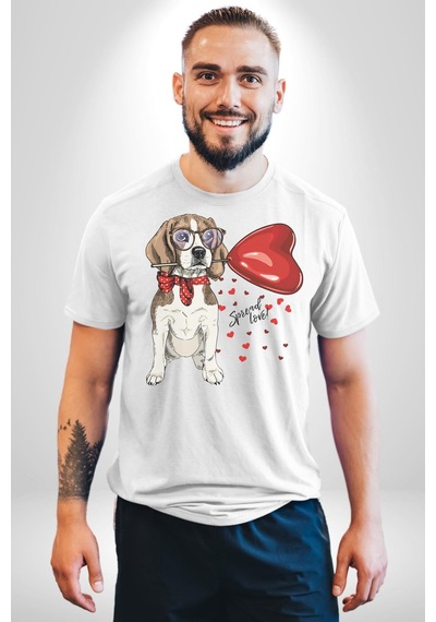 Poodle Ve Beagle Sevililer Günü Hediyesi Unisex Unisex Beyaz Organik Baskılı T-shirt Penye Yüksek Kalite Beyaz