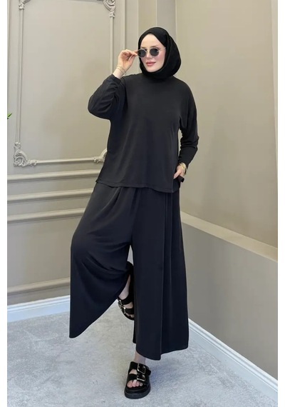 Balenbi Kadın Modal Kumaş Oversize Bol Paça Pantolon Rahat Kalıp İkili Tesettür Takım 1222 - Premium Seri Siyah Balenbi Kadın Modal Kumaş Oversize Bol Paça Pantolon Rahat Kalıp İkili Tesettür Takım 1222 - Premium Seri Siyah