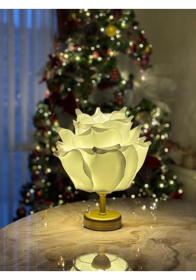 Dekor Yapay Eva Çiçeği Kablosuz Masa Lambası Üst Beyaz-alt Eskitme Gold 9v Pil 75-90 Saat