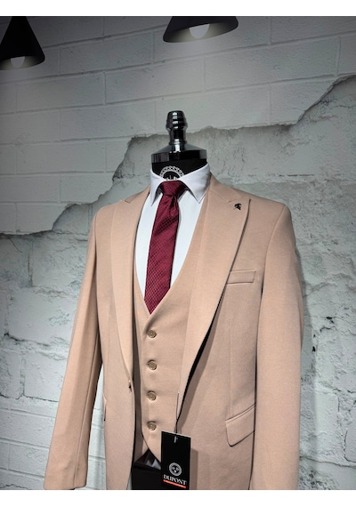Dupont Classics Dupont Erkek Slim Fit 6 Drop Tek Düğme Çift Yırtmaç Likralı Zara Kumaş Yelekli Takım Elbise Koyu Bej Dupont Classics Dupont Erkek Slim Fit 6 Drop Tek Düğme Çift Yırtmaç Likralı Zara Kumaş Yelekli Takım Elbise Koyu Bej