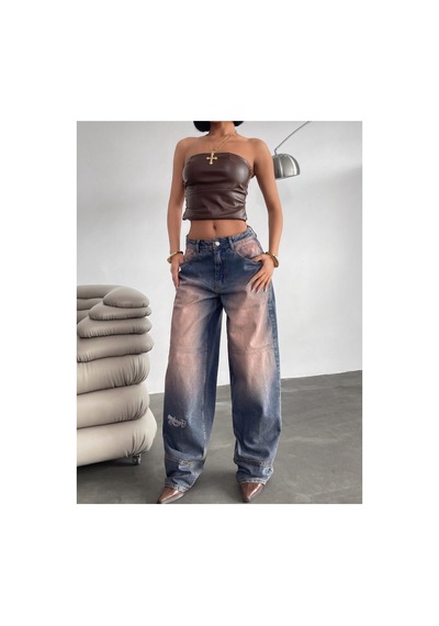 Kene Jeans Bacak Parçalı/nakışlı Kahve Tint İşlemli Baggy Jeans Kahve Tint