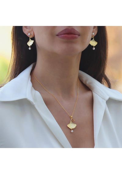 İstiridye İncili Sarkıt Gold Gümüş Set Gümüş