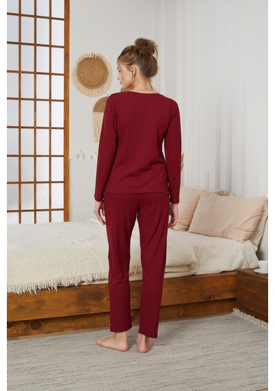 Siyah İnci Fitilli Örme Pijama Takım25226003 Bordo