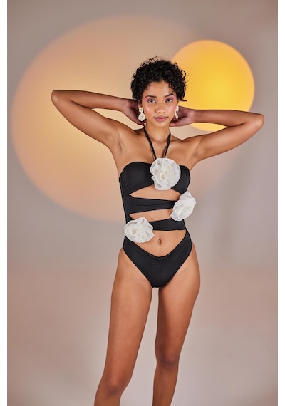 Holly Lolly Çıkarılabilir Çiçek Detaylı Cutout Kesim Premium Swagger Mayo Siyah