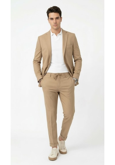 Pike Kumaş Jogger Pantolonlu Erkek Takım Elbise Torba Cepli Tek Düğme Slim Fit Kombin Bej