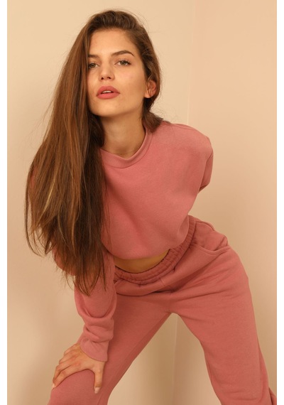 Kaktüs Moda Şardonlu 3 Iplik Kumaş Uzun Kol Kadın Sweatshirt Pemb