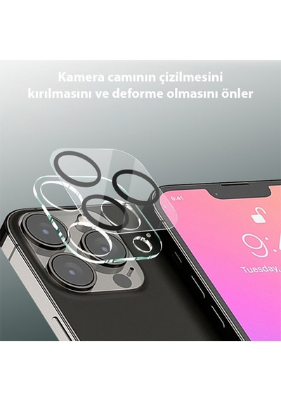 Ally Apple Uyumlu iPhone 13 Pro Max 3D Full Tempered Glas Cam Kamera Koruyucu