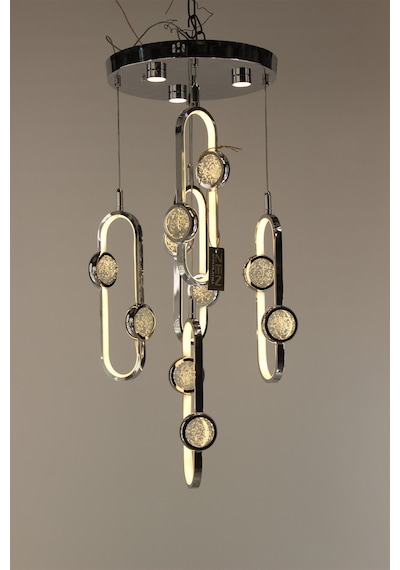 Elegant Krom Dikey Çember Formu 3 Renk Ledli Cam Toplu Modern Avize Gold