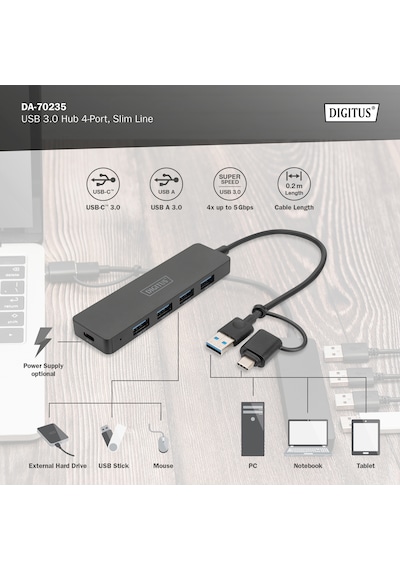 Usb 3.0 Hub, 4 Port, Slimline Usb-c Adaptörlü, 5gbps, 0,2 M Ka...