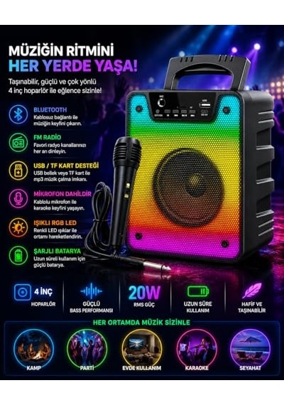 20w Rms Güçlü Bluetooth Parti Hoparlörü - 4 İnç Rgb Işıklı - Kablolu Mikrofonlu Karaoke Seti Mikrofon Dahil - Fm Radyo, Usb Ve Tf Kart Destekli Ses Bombası