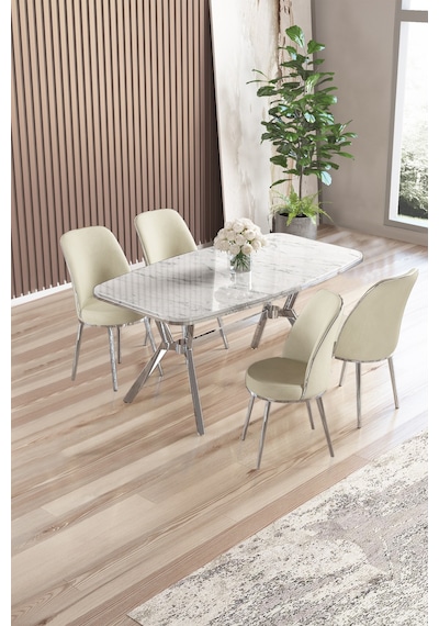 Canisa Lena Serisi 90x160 Lak Panel Beyaz Mermer Desen Kromkaplama Ayaklı Masa Takımı Ve 4 Krem Sandalye Masa Beyaz Mermer Desen Sandalye Krem Canisa Lena Serisi 90x160 Lak Panel Beyaz Mermer Desen Kromkaplama Ayaklı Masa Takımı Ve 4 Krem Sandalye Masa Beyaz Mermer Desen Sandalye Krem
