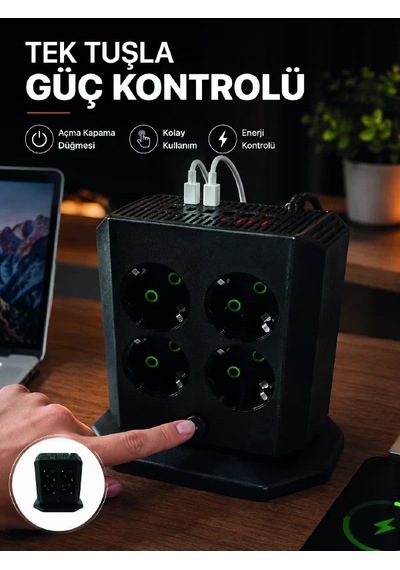 Hepsi Akım Korumalı 8'li Dikey Priz 4 Usb 2 Type-c Hızlı Şarj Destekli Çoklu Priz Najmaddin