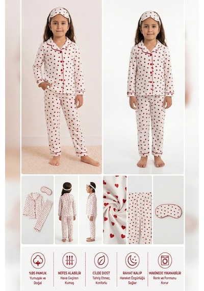 Ahengim Kız-erkek Çocuk Çizgili Kalpli Puantiyeli Desenli Pamuklu Pijama Takımı Göz Bantlı 3 Lü Set Ak2610 Beyaz Ahengim Kız-erkek Çocuk Çizgili Kalpli Puantiyeli Desenli Pamuklu Pijama Takımı Göz Bantlı 3 Lü Set Ak2610 Beyaz