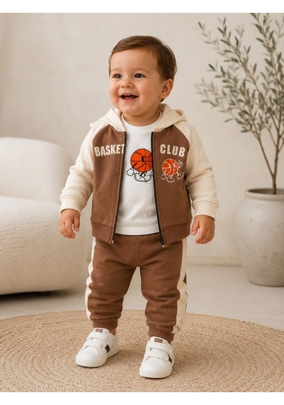 Yakup Bebe Erkek Fermuarlı Hırka Üçlü Takım 1-4 Yaş -ba653311 - Kahverengi