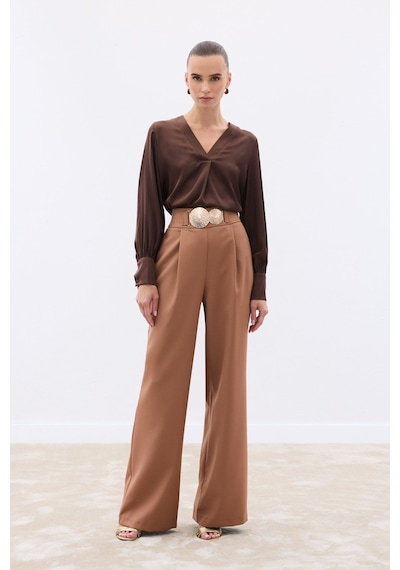 Sateen Aksesuarlı Pantolon - Camel-136562 Camel