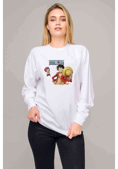 Anime One Piece Luffy Hat Baskılı Beyaz Kadın Sweatshirt (528290236)
