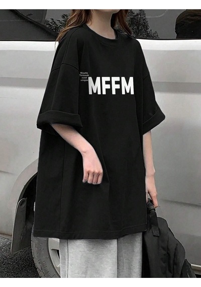 Unisex Siyah Oversize Mffm Baskılı Örme T-shirt Siyah