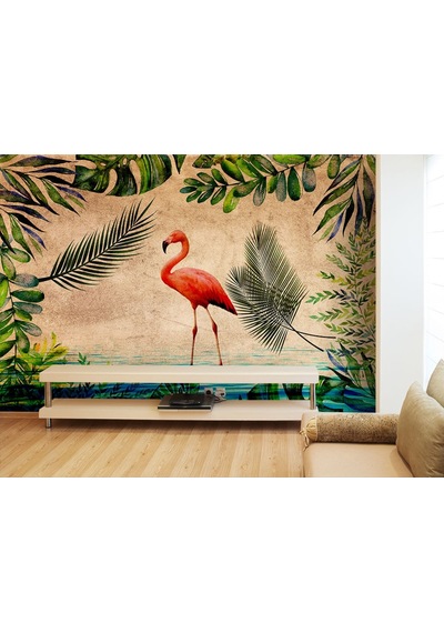 Flamingo Ve Tropikal Yapraklar Duvar Kağıdı (397457426)