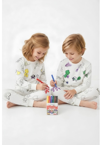 Bunny Hopp Çocuk Boyanabilir Uzun Kollu Pijama Takımı %100 Pamuk Yıkanabilir Ve Tekrar Boyanabilir Penye 6'lı Kalem Hediye Beyaz