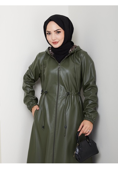 Hb Harma Time Butik Kadın Fermuarlı Kapüşonlu Şardonlu Haki Deri Kap