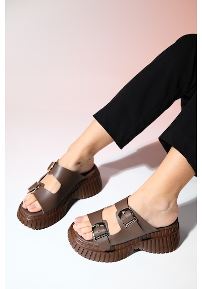 Luvishoes Joanes Kahve Cilt Hakiki Deri Çift Bantlı Kadın Dolgu Taban Terlik Kahverengi