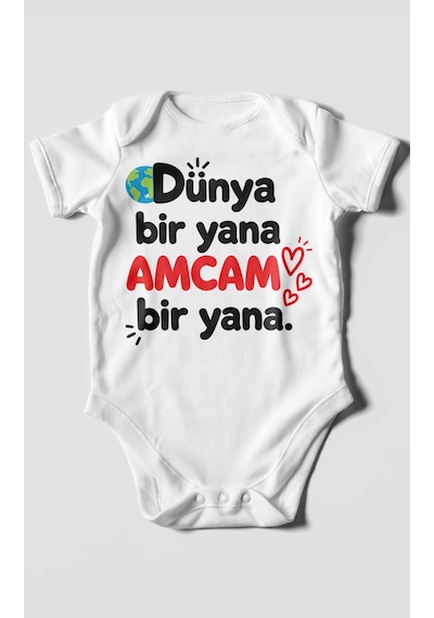 Morivokids Dünya Bir Yana, Amcam Bir Yana Kısa Kollu Bebek Body %100 Pamuk Beyaz